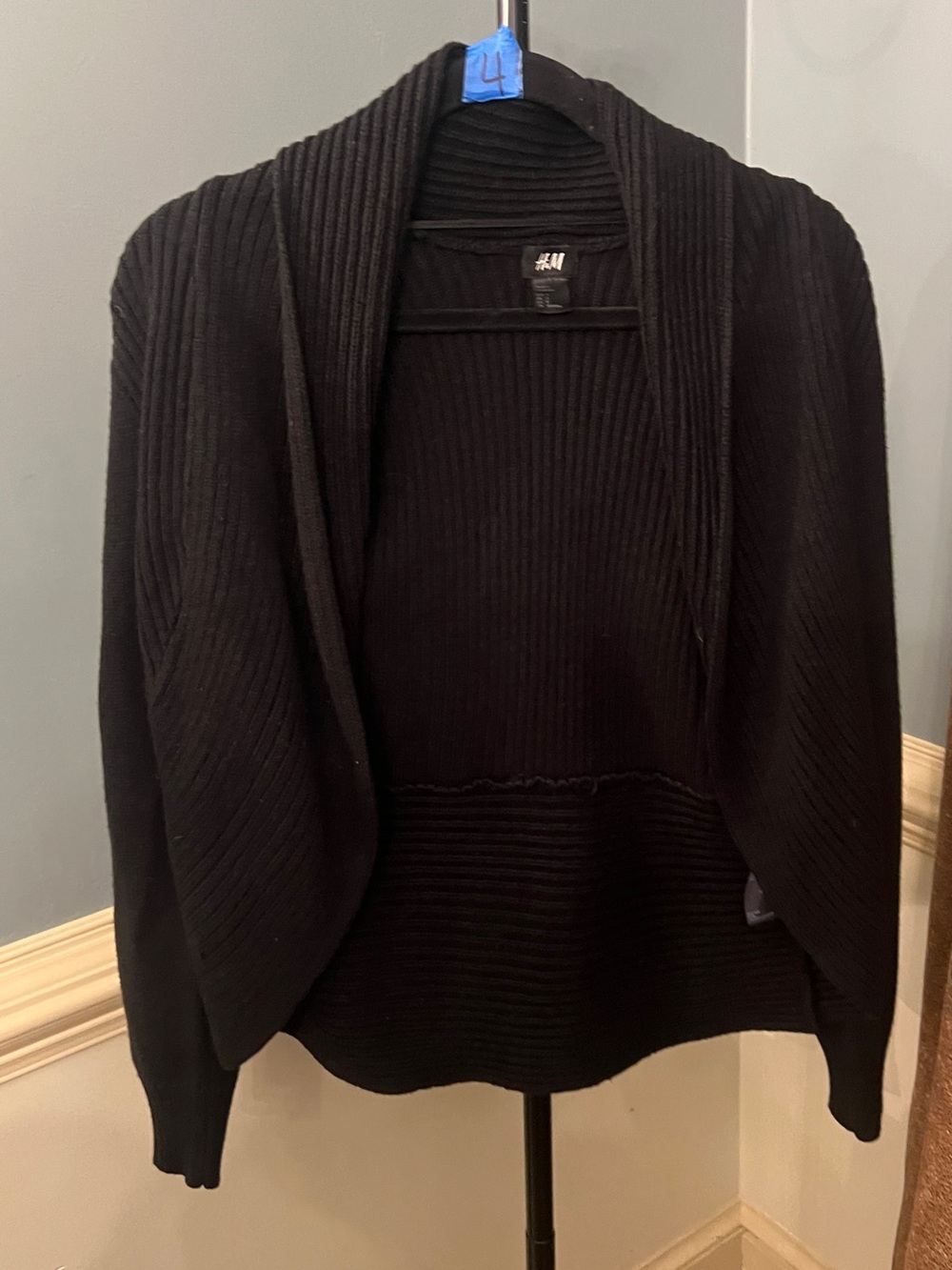 H&M Black Ribbed Open-Front Shawl Collar Cardigan